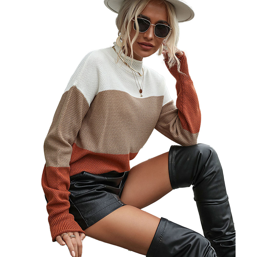 YESFASHION Women Long-sleeved Color-block Turtleneck Sweaters