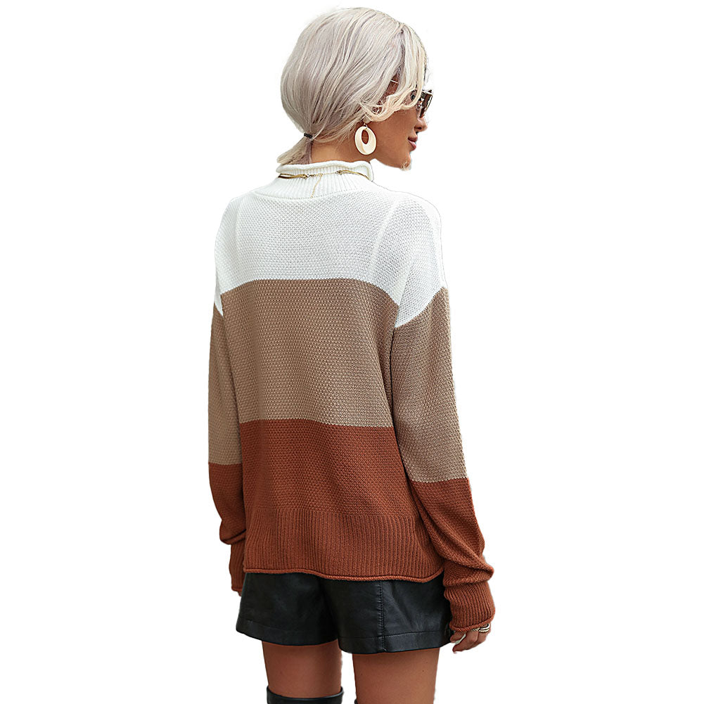 YESFASHION Women Long-sleeved Color-block Turtleneck Sweaters