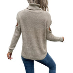 YESFASHION Women Turtleneck Solid Cutout Off Shoulder Sweaters