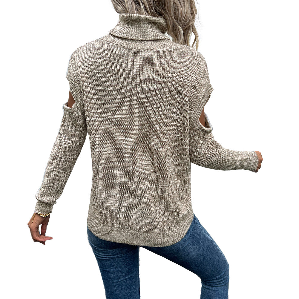 YESFASHION Women Turtleneck Solid Cutout Off Shoulder Sweaters
