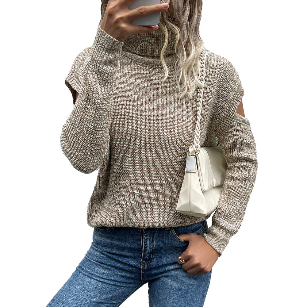 YESFASHION Women Turtleneck Solid Cutout Off Shoulder Sweaters