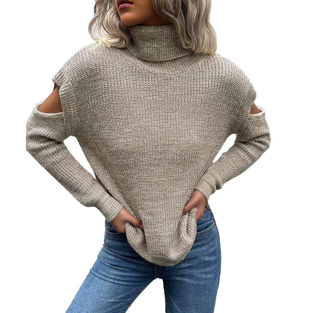YESFASHION Women Turtleneck Solid Cutout Off Shoulder Sweaters
