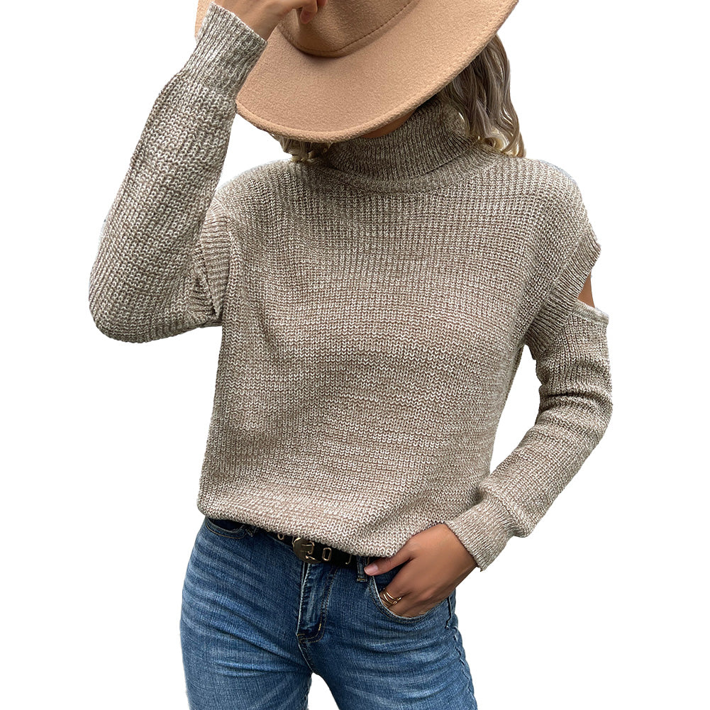 YESFASHION Women Turtleneck Solid Cutout Off Shoulder Sweaters