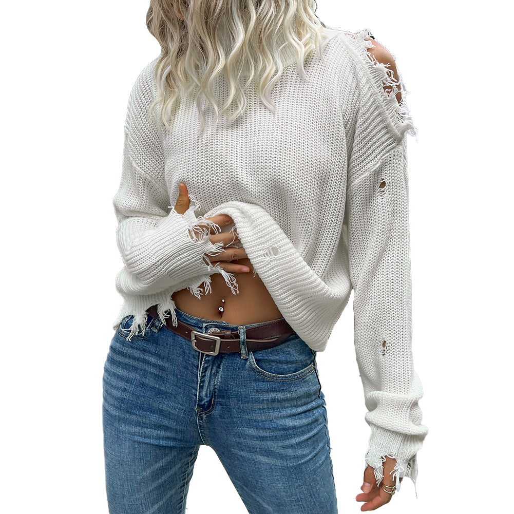 YESFASHION Women Shabby Long Sleeve Hollow Turtleneck Sweaters