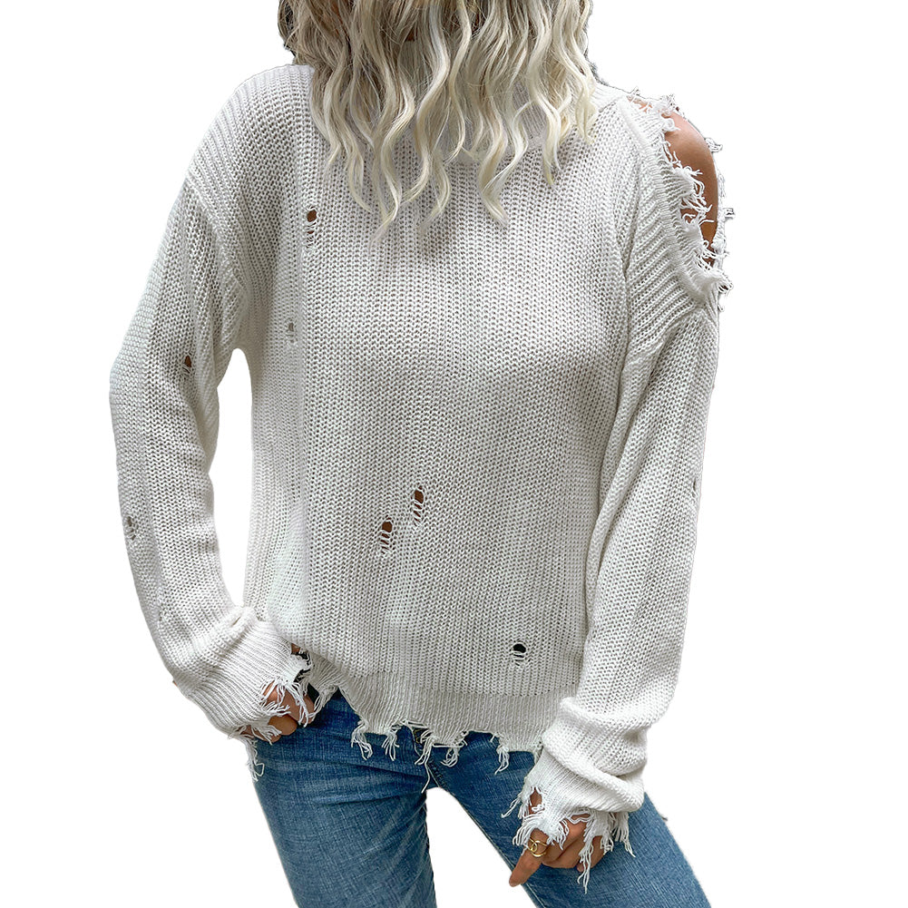 YESFASHION Women Shabby Long Sleeve Hollow Turtleneck Sweaters