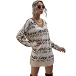 YESFASHION V-neck Lettered Off-the-shoulder Knitted Sweaters Dress