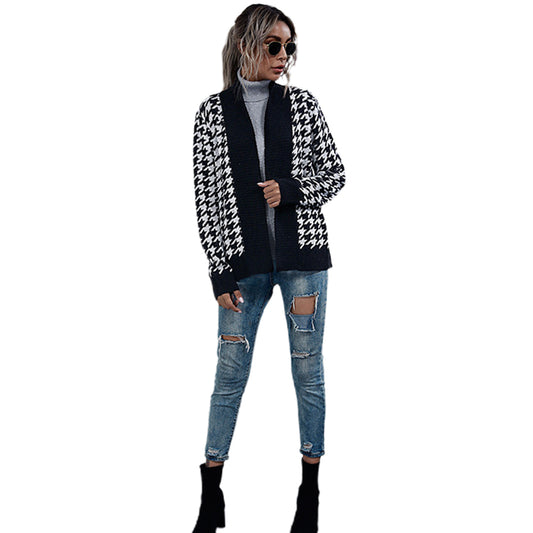 YESFASHION Coats Houndstooth V-neck Cardigan Jacket