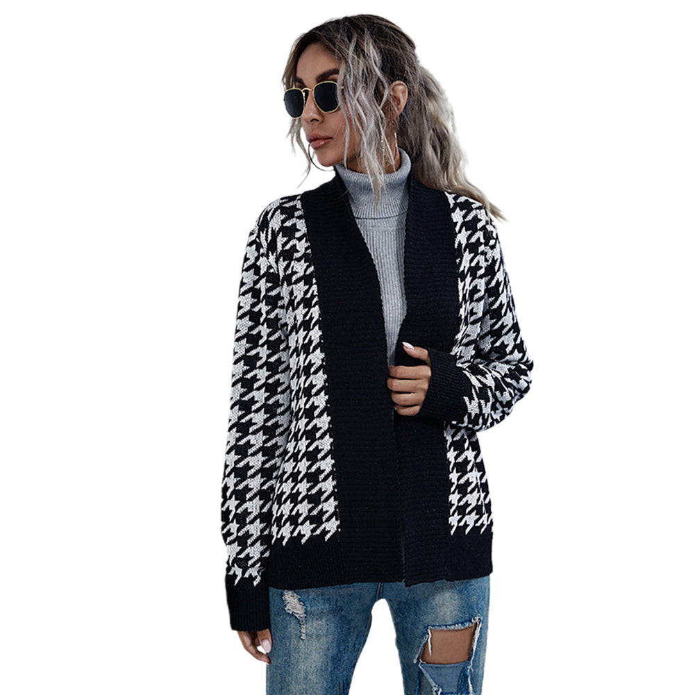 YESFASHION Coats Houndstooth V-neck Cardigan Jacket