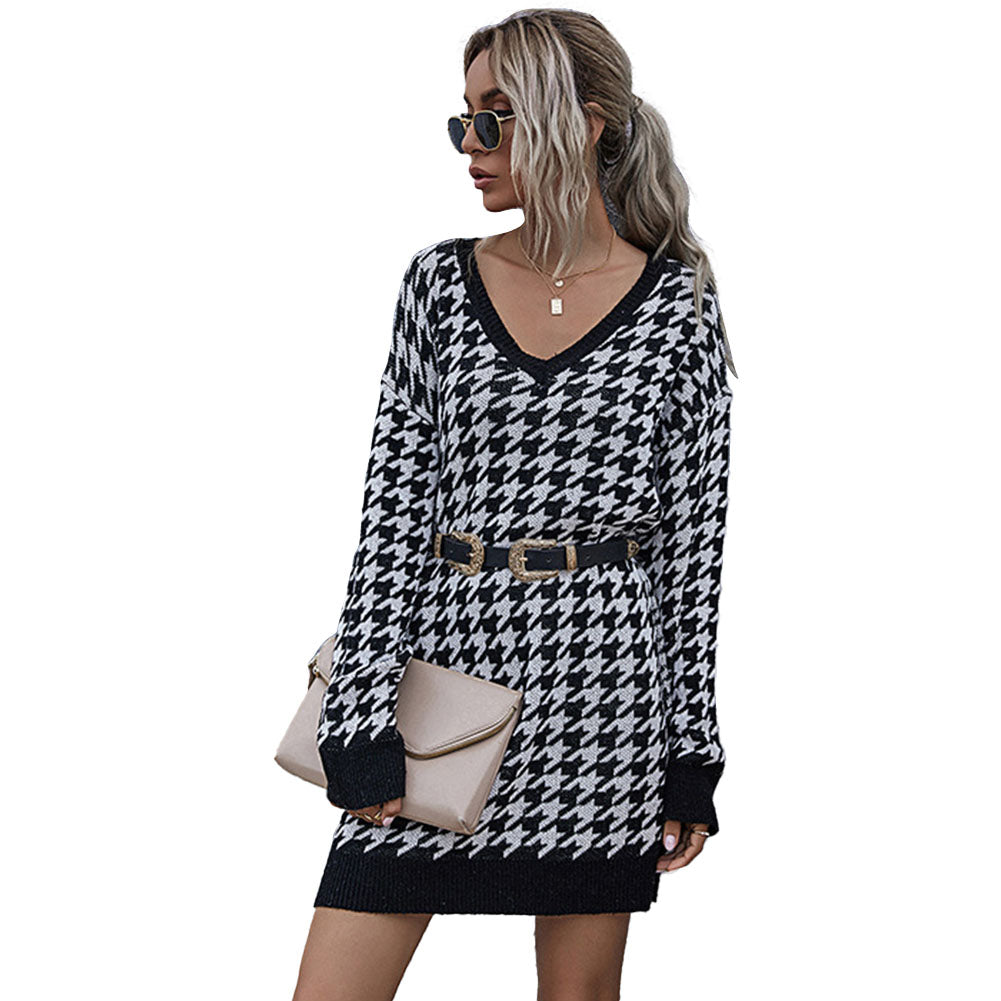 YESFASHION Houndstooth Slim Fit Low Neck Long Knitted Sweaters Dress