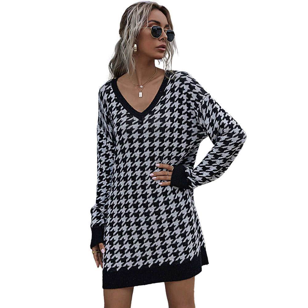 YESFASHION Houndstooth Slim Fit Low Neck Long Knitted Sweaters Dress