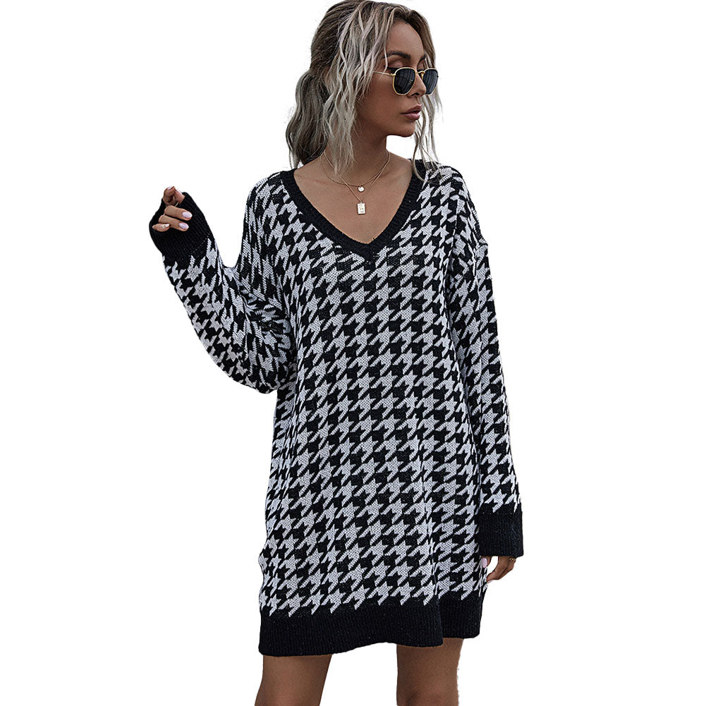 YESFASHION Houndstooth Slim Fit Low Neck Long Knitted Sweaters Dress