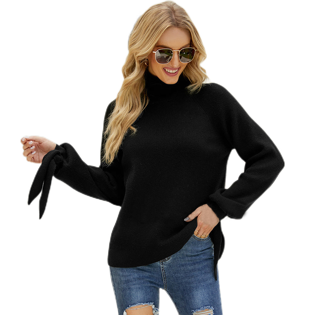 YESFASHION Long Sleeve Lace-up Knitted Loose Pullover Turtleneck Sweaters