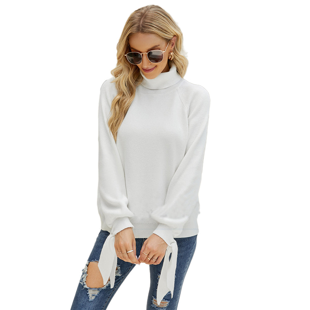 YESFASHION Long Sleeve Lace-up Knitted Loose Pullover Turtleneck Sweaters