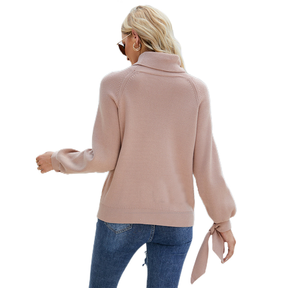 YESFASHION Long Sleeve Lace-up Knitted Loose Pullover Turtleneck Sweaters