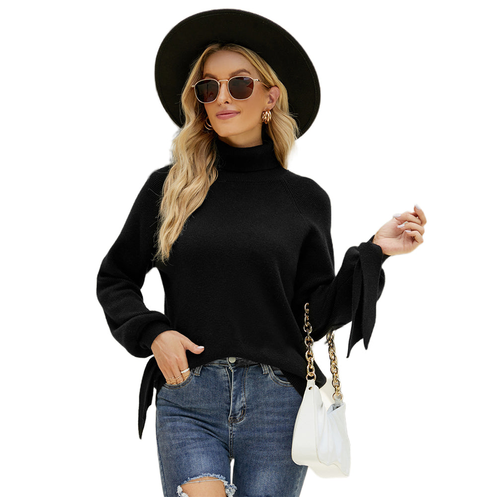 YESFASHION Long Sleeve Lace-up Knitted Loose Pullover Turtleneck Sweaters