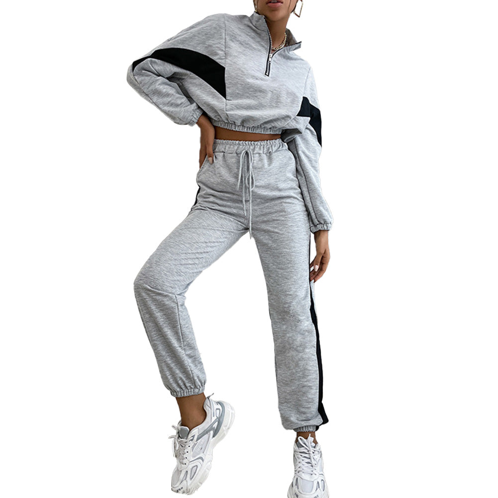 YESFASHION Contrast Color Sweatshirt Two-piece Suit
