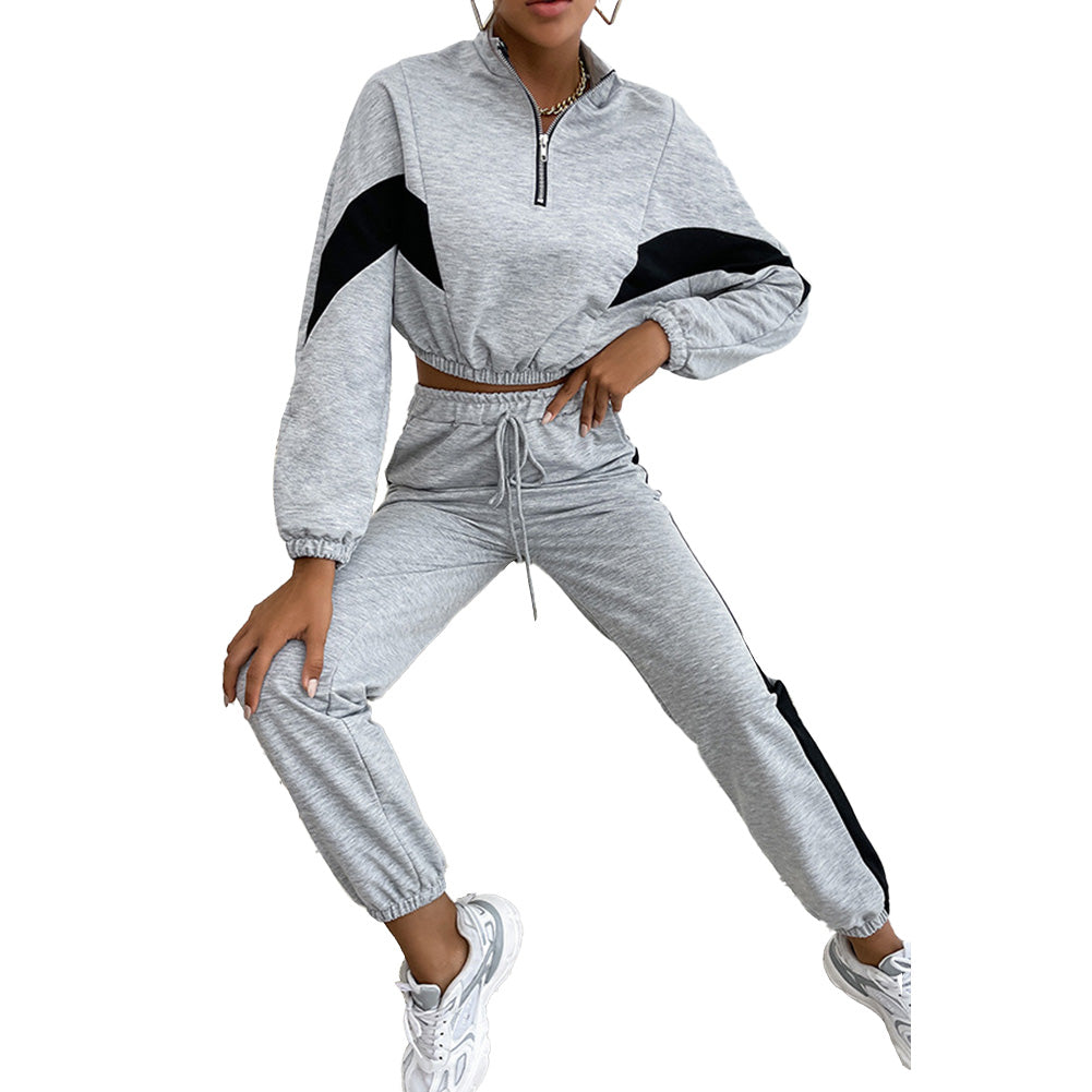 YESFASHION Contrast Color Sweatshirt Two-piece Suit