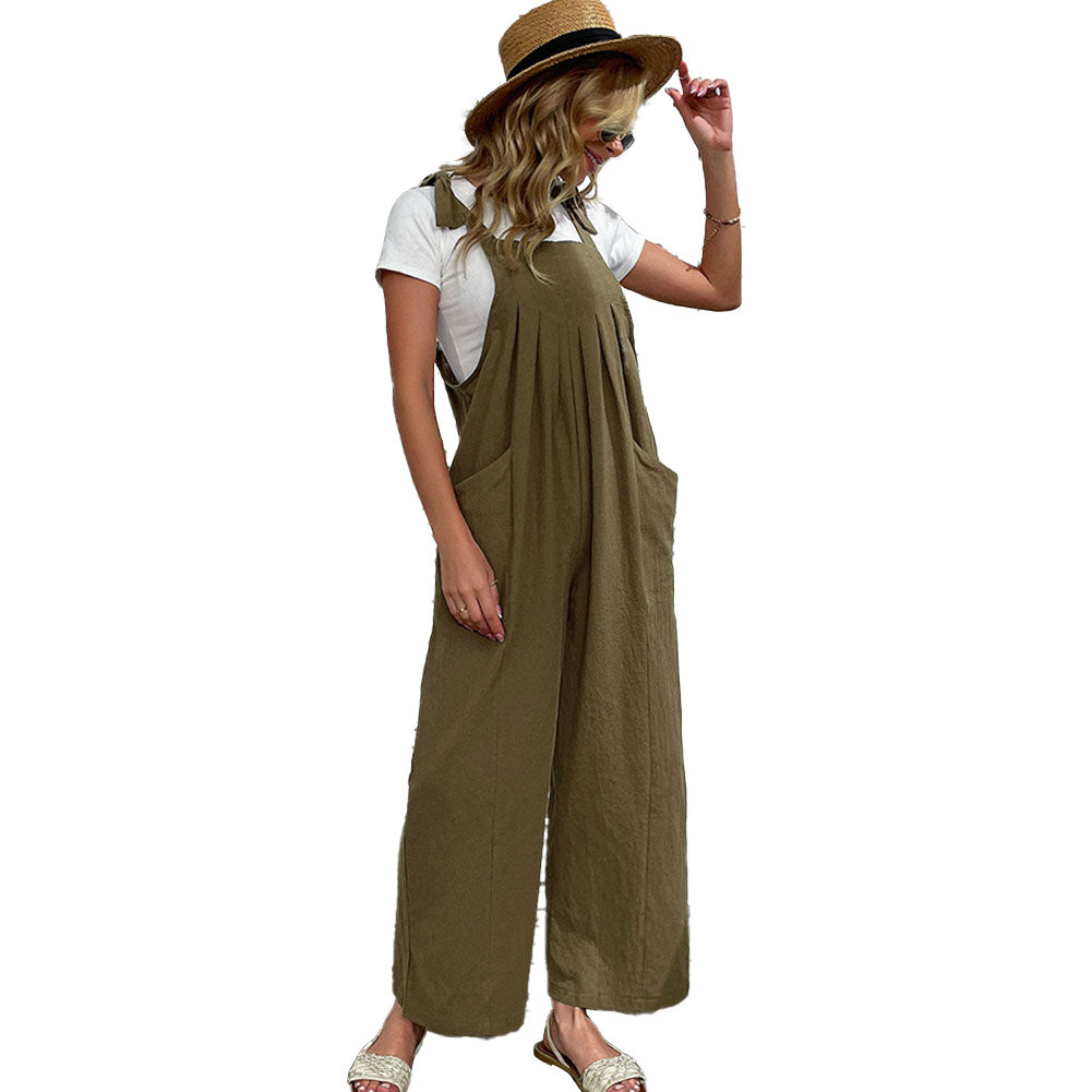 YESFASHION Cotton And Linen Pants Loose-pocket Overalls Jumpsuits