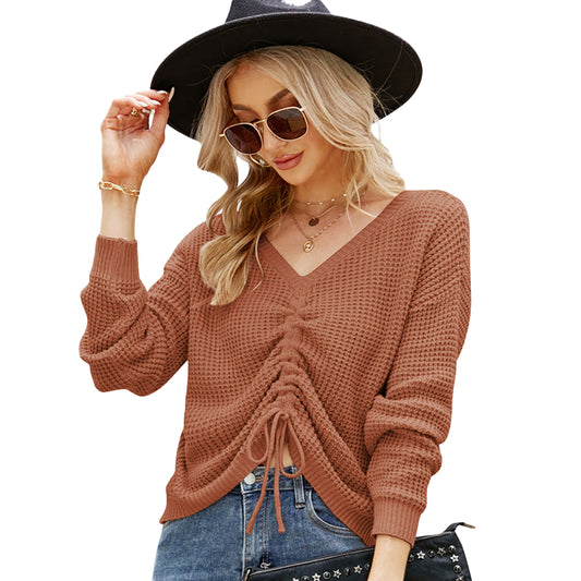 YESFASHION Drawstring Irregular Solid Knit Sweaters