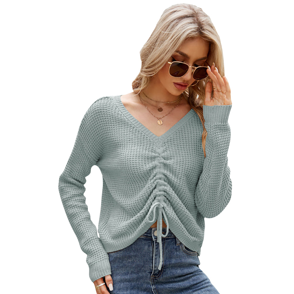 YESFASHION Drawstring Irregular Solid Knit Sweaters