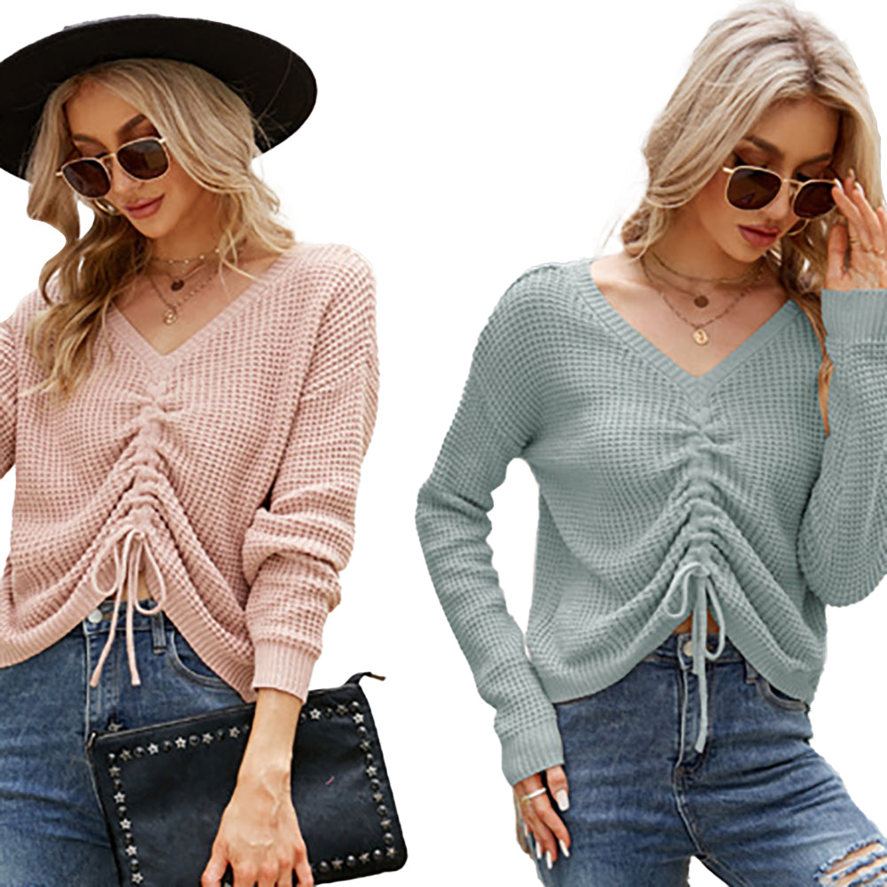 YESFASHION Drawstring Irregular Solid Knit Sweaters