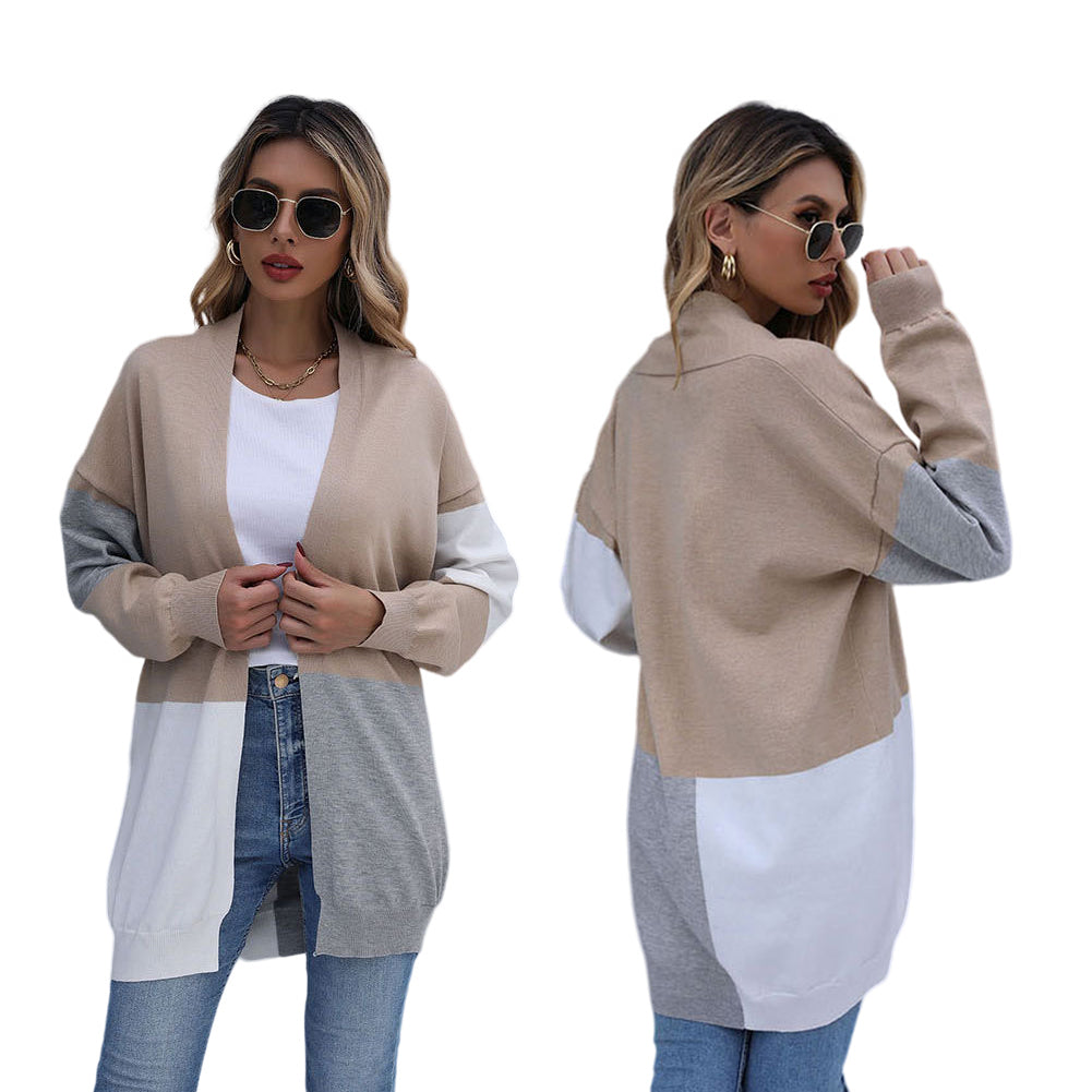 YESFASHION Long Loose Colorblock Knitted Cardigan Sweater Coats