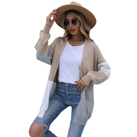 YESFASHION Long Loose Colorblock Knitted Cardigan Sweater Coats