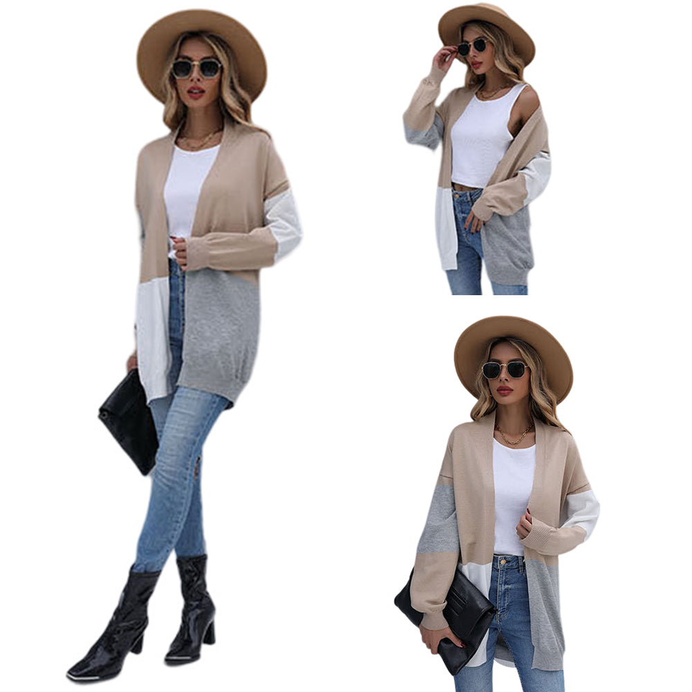YESFASHION Long Loose Colorblock Knitted Cardigan Sweater Coats