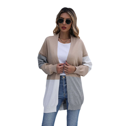 YESFASHION Long Loose Colorblock Knitted Cardigan Sweater Coats