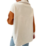 YESFASHION Women Coats Lapel Colorblock Long Sleeve Fleece Jacket