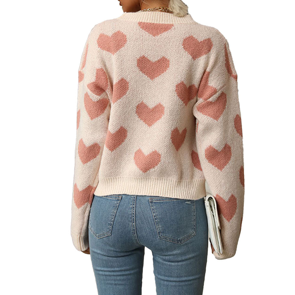 YESFASHION Fashion Knit Casual Heart Long Sleeve Pink Sweaters