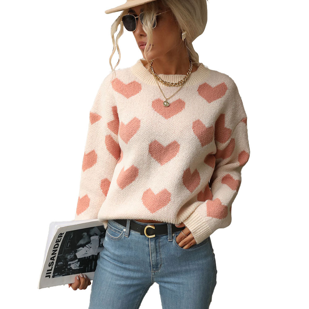 YESFASHION Fashion Knit Casual Heart Long Sleeve Pink Sweaters