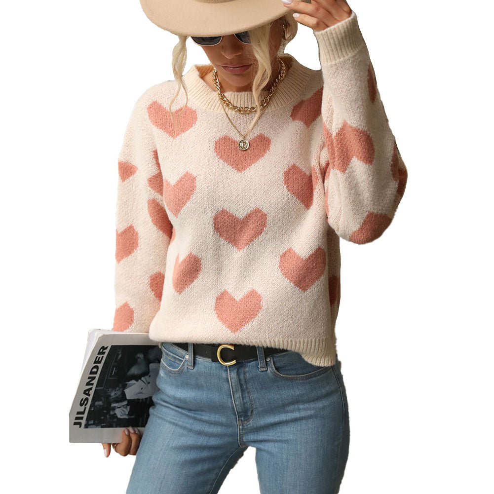 YESFASHION Fashion Knit Casual Heart Long Sleeve Pink Sweaters