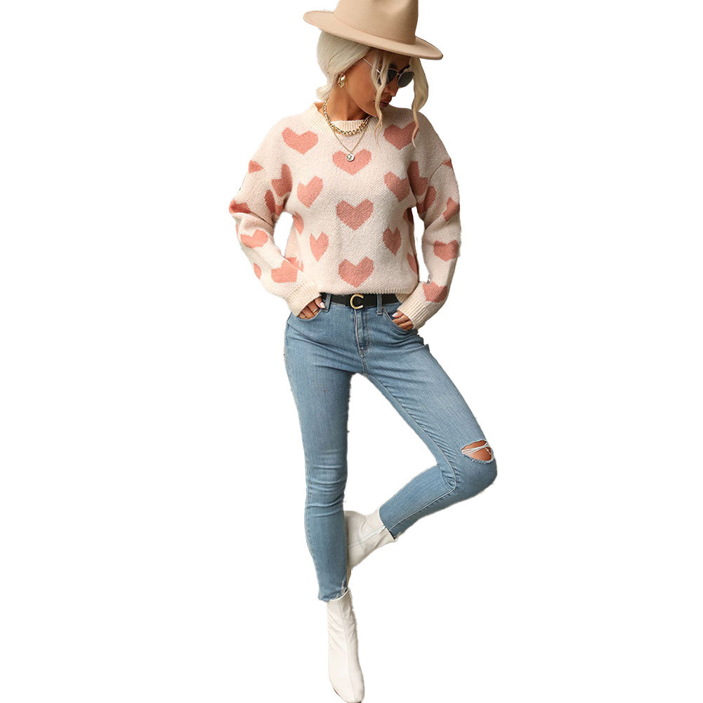 YESFASHION Fashion Knit Casual Heart Long Sleeve Pink Sweaters