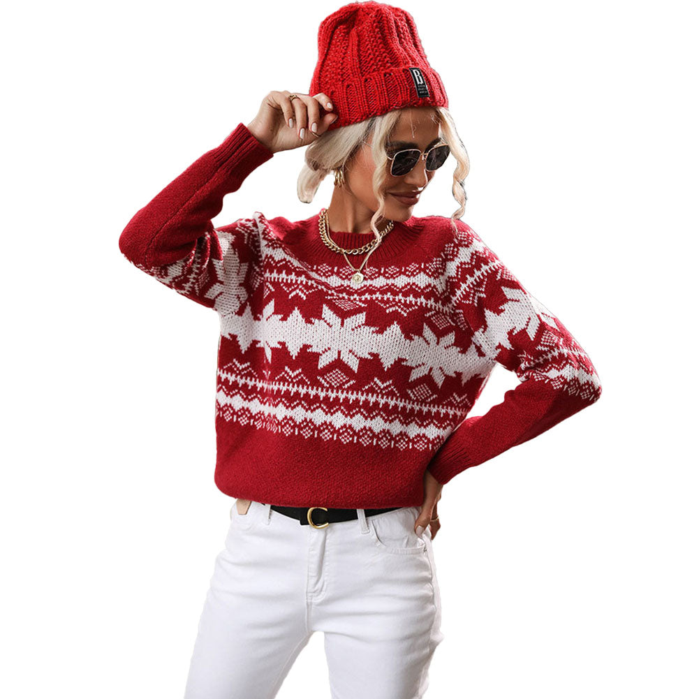 YESFASHION Trendy Crew Neck Red Knit Christmas Snowflake Sweaters