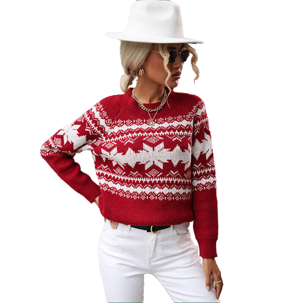 YESFASHION Trendy Crew Neck Red Knit Christmas Snowflake Sweaters