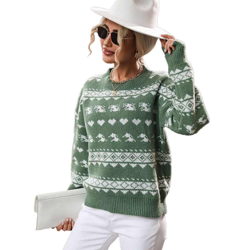 YESFASHION Trendy Crew Neck Red Knit Christmas Snowflake Sweaters