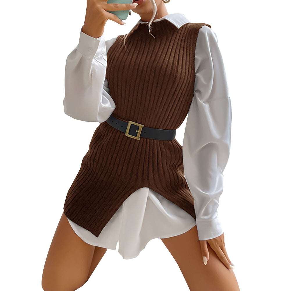 YESFASHION Split Mid-length Vintage Vest Knitted Vest Sweaters