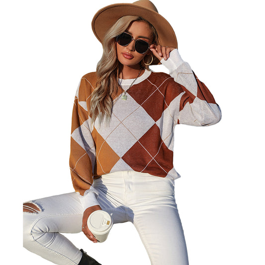 YESFASHION Women Pullover Knitted Diamond Check Sweaters