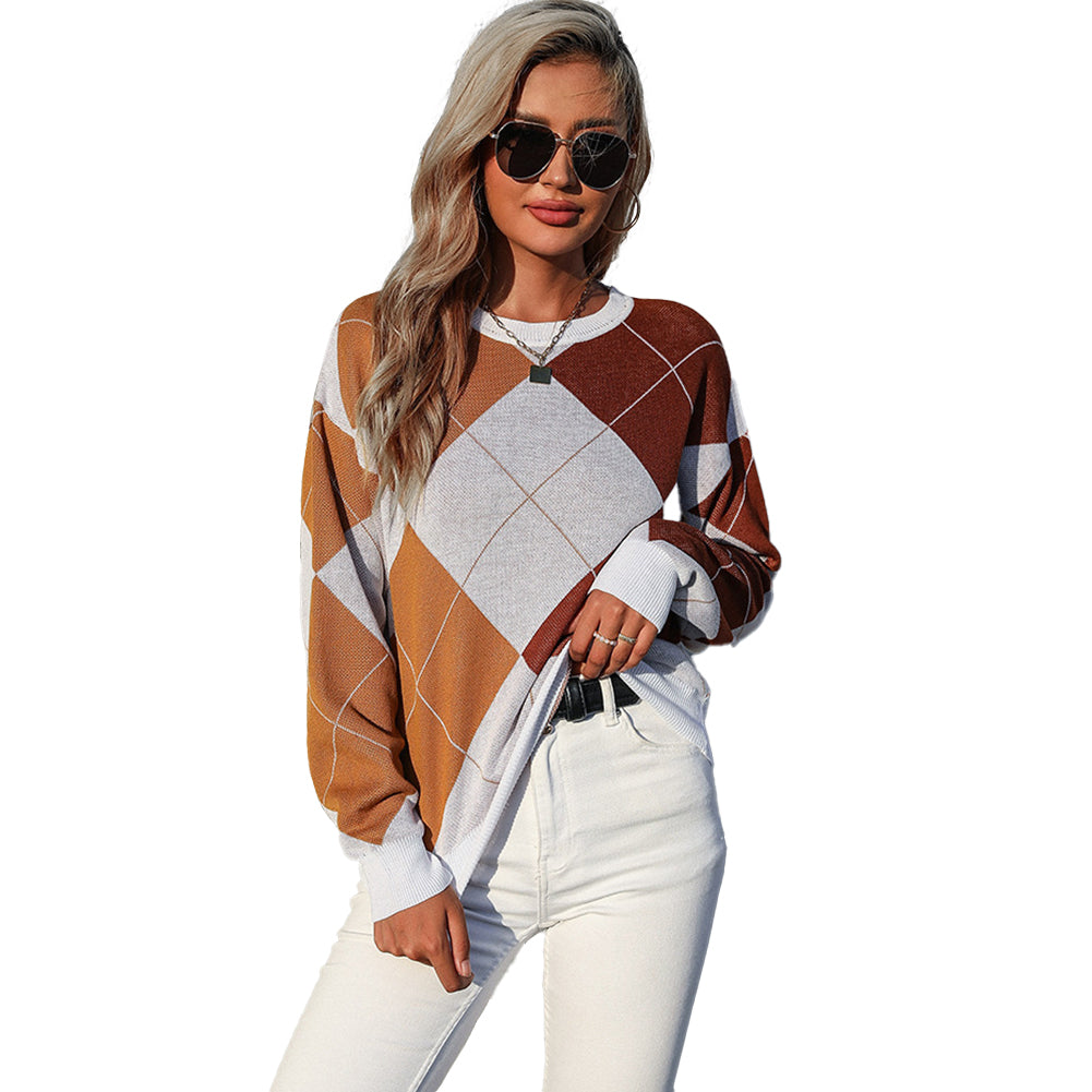 YESFASHION  Women Pullover Knitted Diamond Check Sweaters