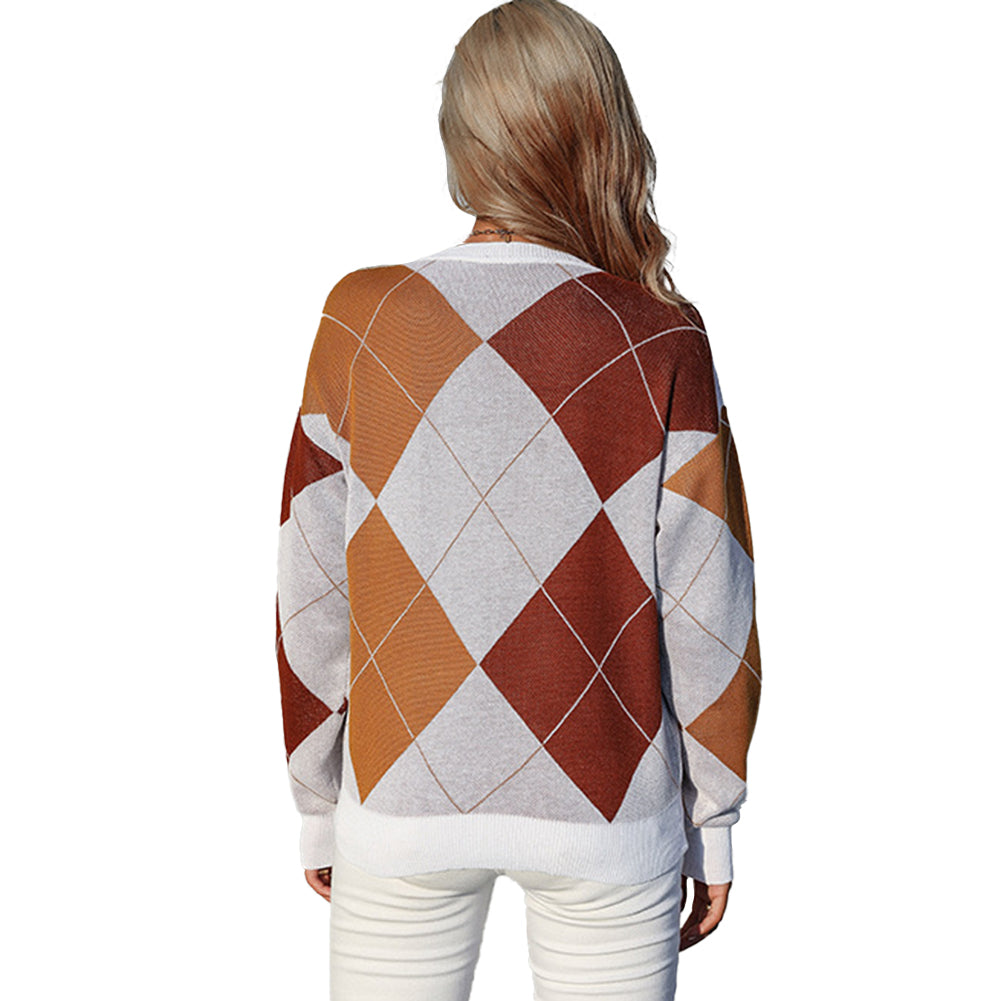 YESFASHION  Women Pullover Knitted Diamond Check Sweaters