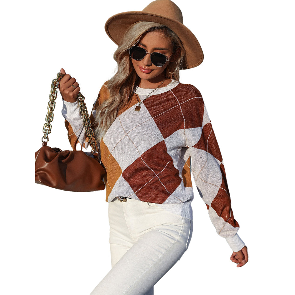 YESFASHION  Women Pullover Knitted Diamond Check Sweaters