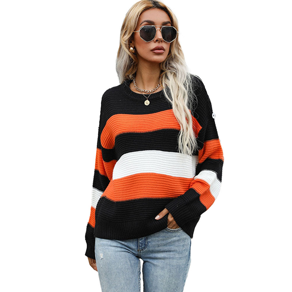 YESFASHION Western Style Thin Long Sleeve Loose Striped Knit Sweaters