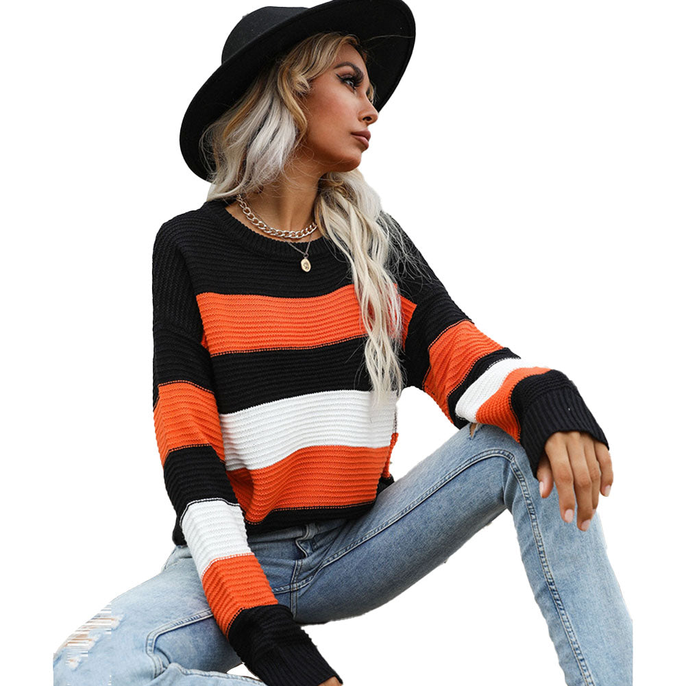 YESFASHION Western Style Thin Long Sleeve Loose Striped Knit Sweaters