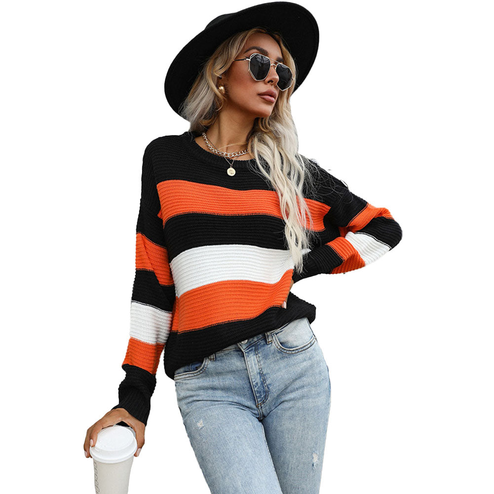 YESFASHION Western Style Thin Long Sleeve Loose Striped Knit Sweaters