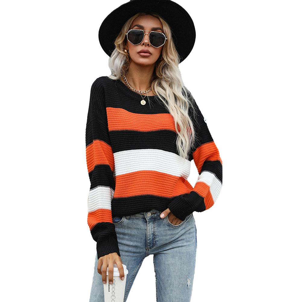 YESFASHION Western Style Thin Long Sleeve Loose Striped Knit Sweaters
