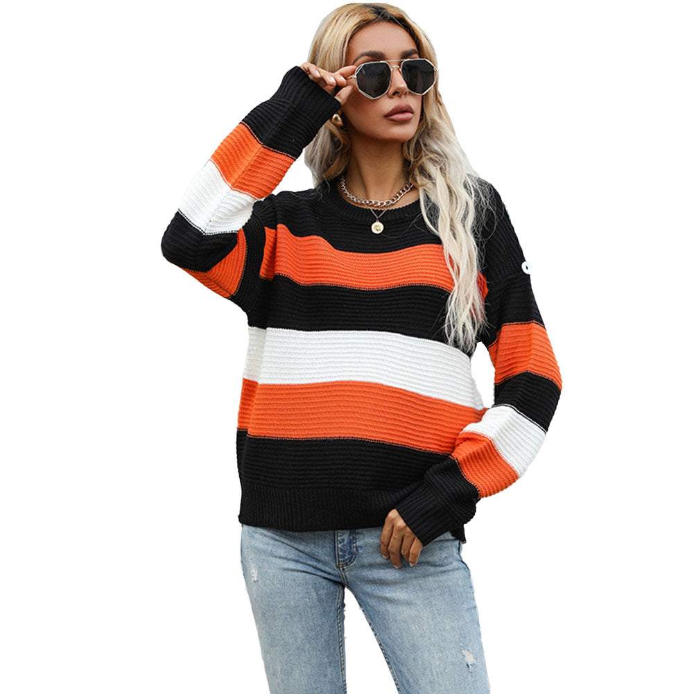 YESFASHION Western Style Thin Long Sleeve Loose Striped Knit Sweaters