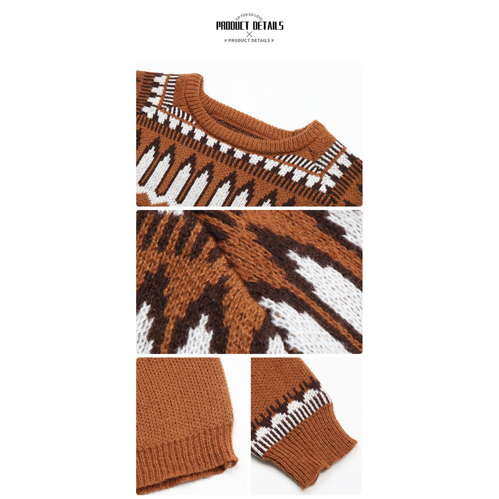 YESFASHION Women Loose Brown Positioned Jacquard Sweaters