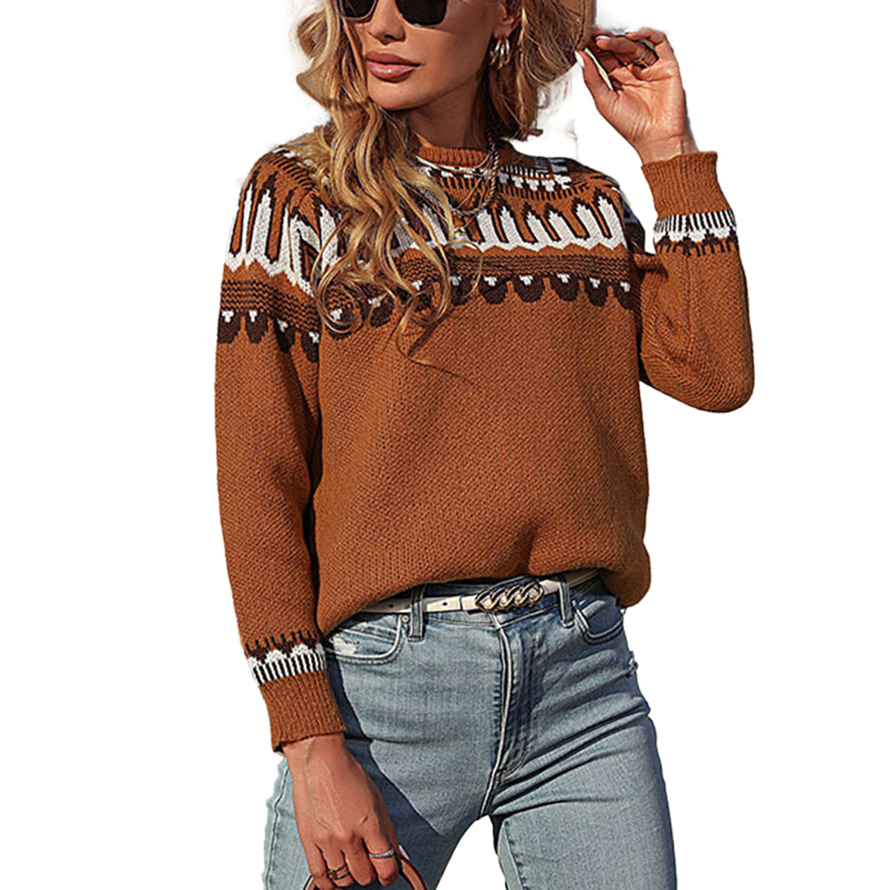 YESFASHION Women Loose Brown Positioned Jacquard Sweaters