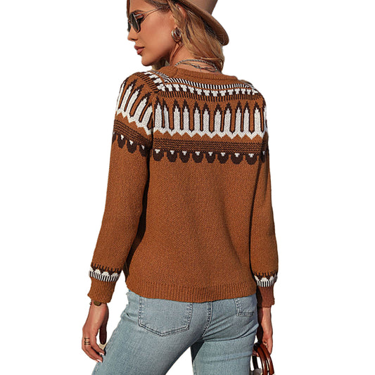 YESFASHION Women Loose Brown Positioned Jacquard Sweaters